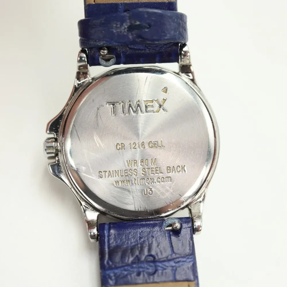 Timex Indiglo Silver Tone Date 29mm Womens Watch Blue Leather w New Battery